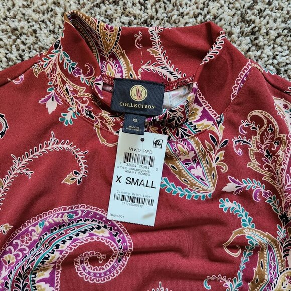 JM collection Midi Dress Size XS Red Mock Neck Cold Shoulder Paisley Stretch NWT - Picture 5 of 5